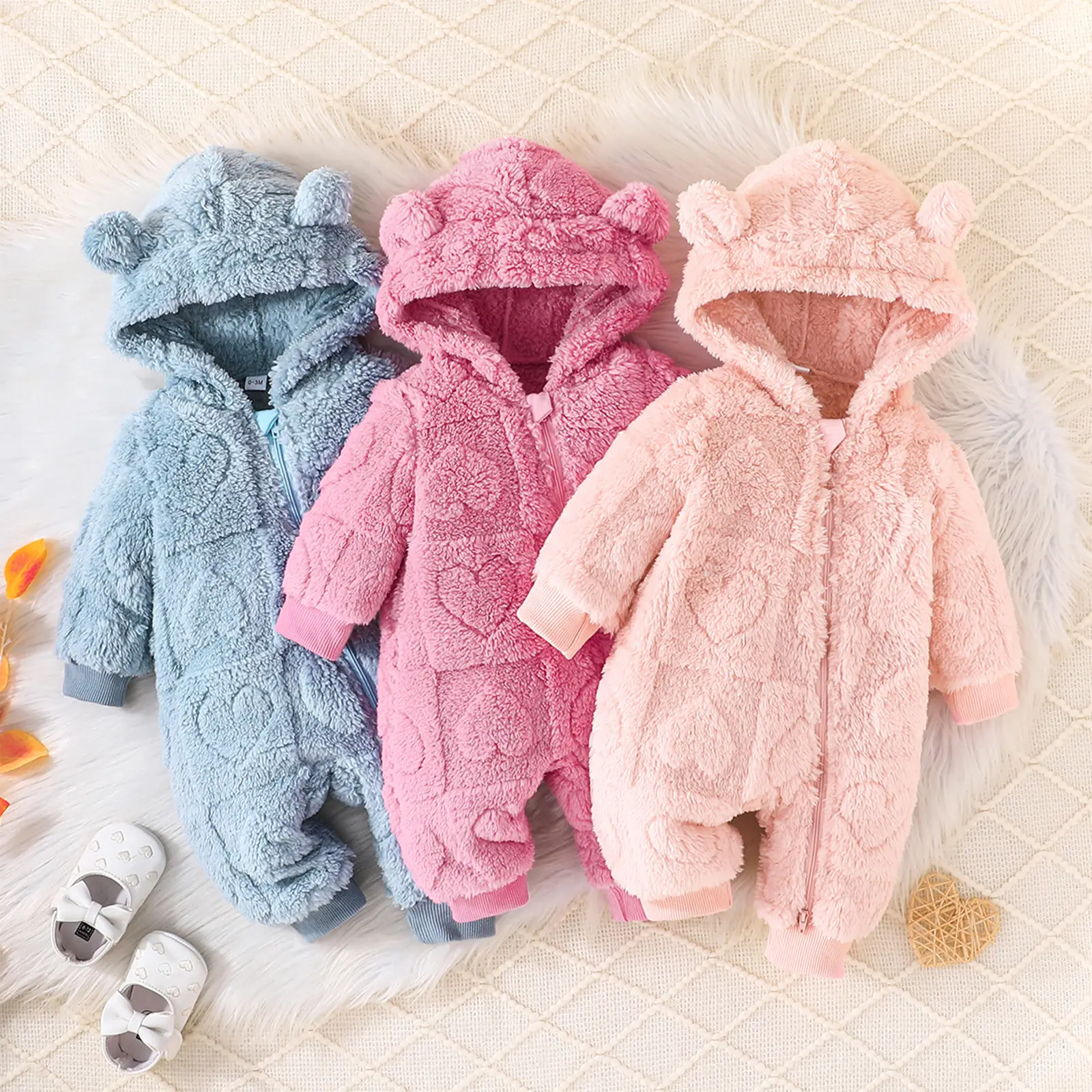 Baby Girls Winter Romper Solid Color Plush Fleece Zipper Hooded Long Sleeve Jumpsuits for Newborn Infant Toddler Clothes