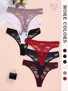 6-Pack Women's Multi-Color Sexy Low Waist Lace Trim Thong Panties, Sheer Lace Panty, Comfortable and Stylish Underwear for Ladies