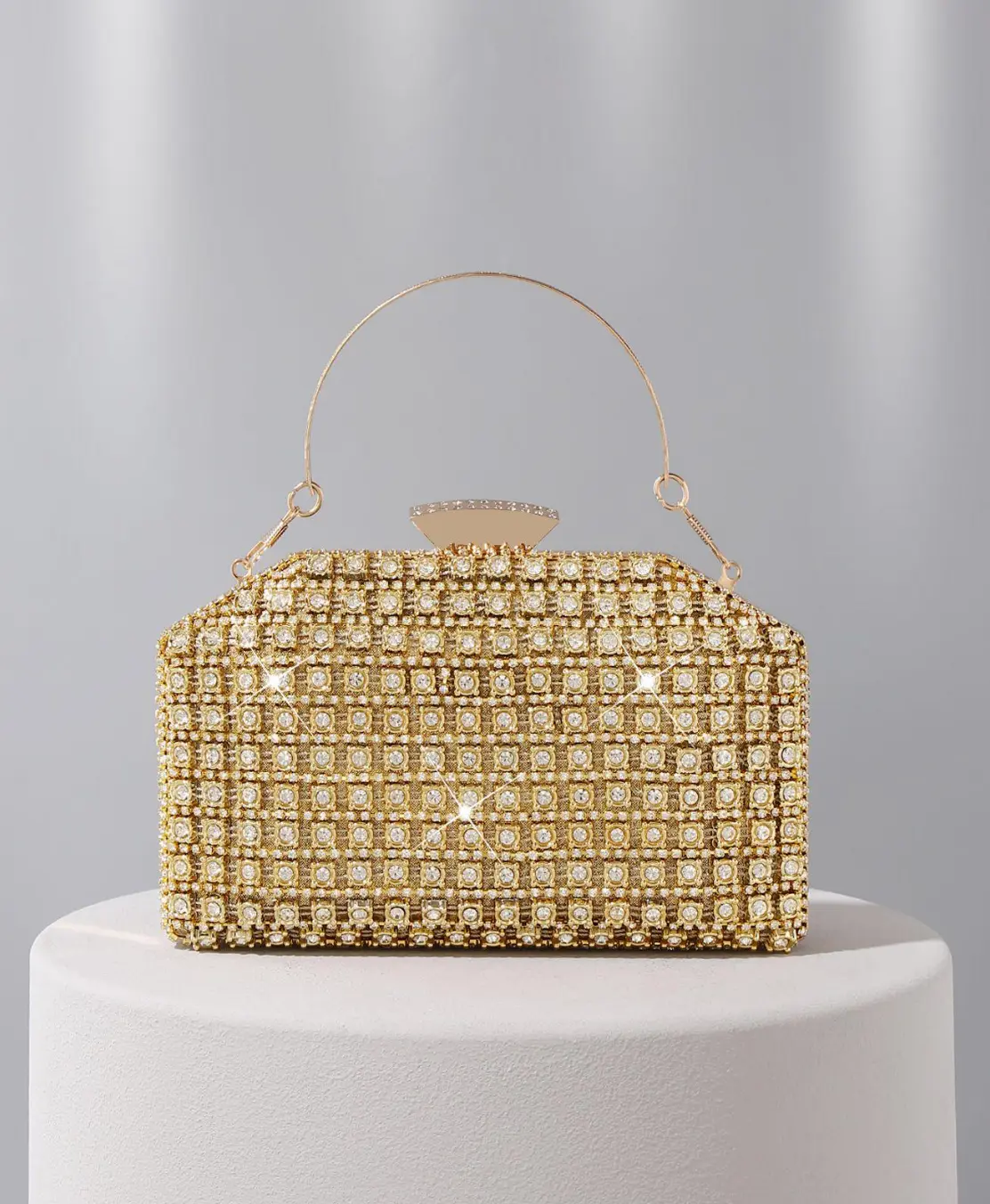Gold Silver Two‑Tone Square Rhinestone Evening Clutch Bag for Women, Grid Full Crystal Hardcase Handbag, Gem Lock Clasp, Detachable Chain Shoulder Crossbody Purse for Wedding Prom Cocktail Party