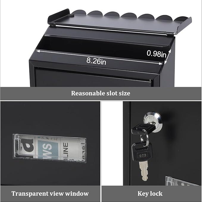 CNCEST Metal Wall-Mounted Mailbox with Key Lock Large Capacity Mail Box with View Window for Home or Office Spraying Molding Process Rainwater Protection Modern Black Organiser Racks