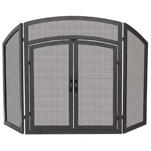 212 MAIN 3-Fold Black Wrought Iron Arched Frame Fireplace Door, 32x52 in Arched Top Design with Functional Doors