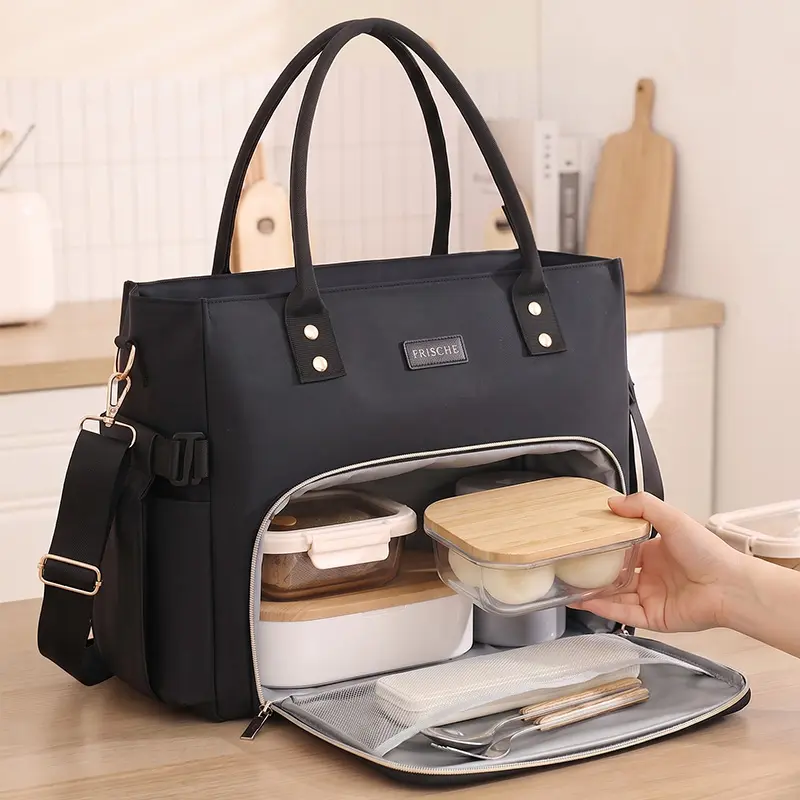 Women Large Waterproof Insulated Lunch Bag, Multi-Pocket Thermal Food Cooler Handbag with  Shoulder Strap，Multifunctional Work Office Meal Carrier Bag