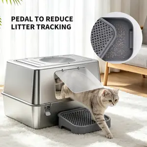Stainless Steel Enclosed Cat Litter Box with Lid, High Sides, Odorless, Easy to Clean, Non-Stick, Large Size (23.6 x 15.7 x 15.7 inches), Pet Supplies