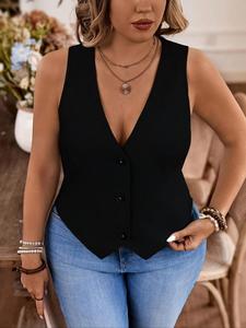 【plus size】 solid color vneck vest, casual basic sleeveless outerwear for daily wear, women's plus clothing for all seasons, womenswear, elastic basic vest