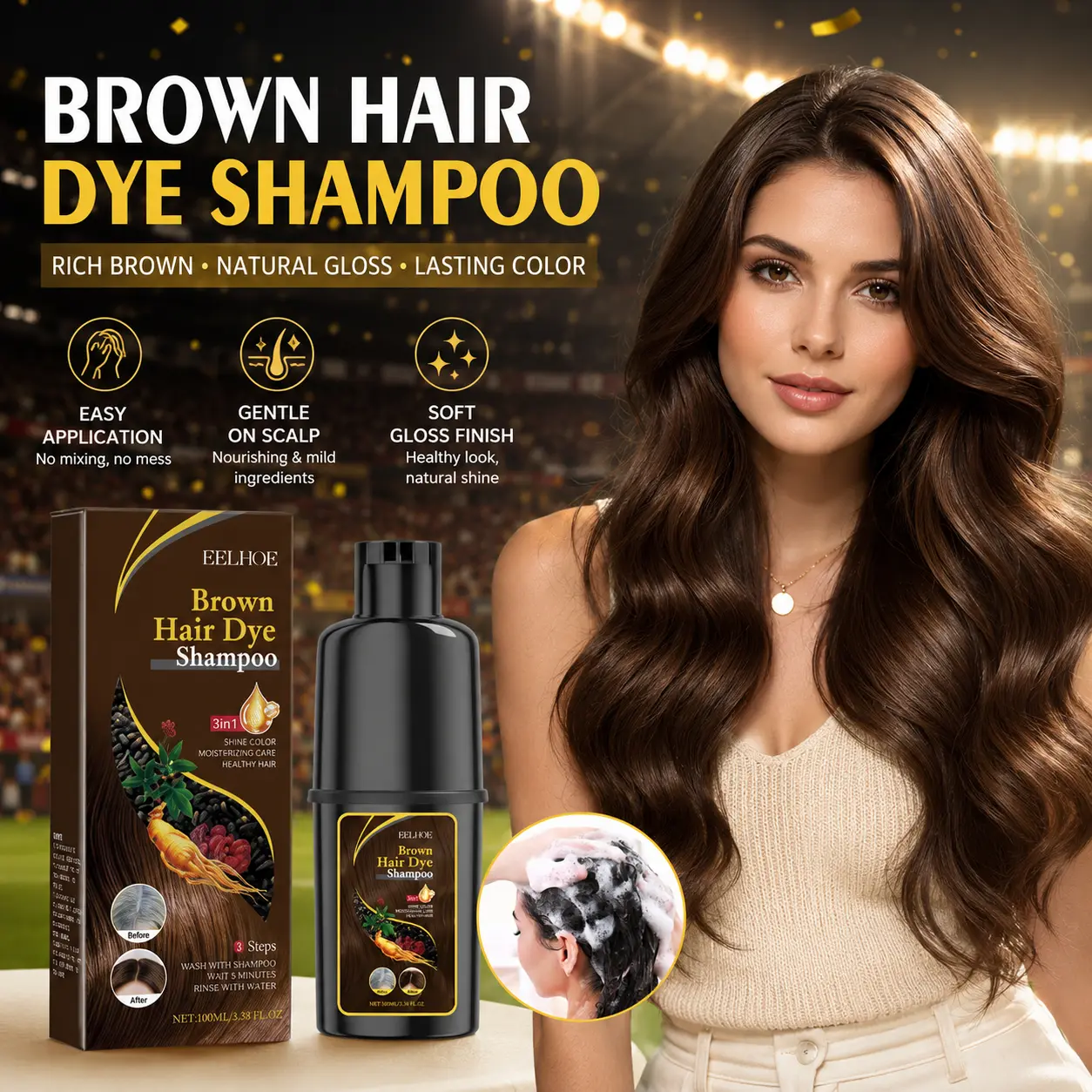 Brown Hair Dye Shampoo 3-in-1 for Rich Coffee Tone - Color Depositing Shampoo with Ginseng & Ganoderma for Gray Coverage, Nourishing & Repairing Hair Care for Glossy Shiny Finish, Easy At-Home Hair Color for Men Women, Perfect Gift Idea