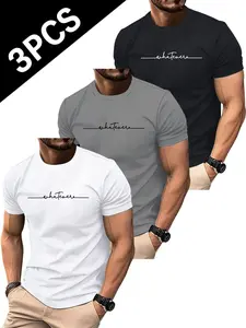 3-Pack Men's Quick-Dry Geometric T-Shirts, Round Neck, Summer Short Sleeve Tops, Streetwear, Breathable Comfort, Casual Daily Wear, Vacation Ready