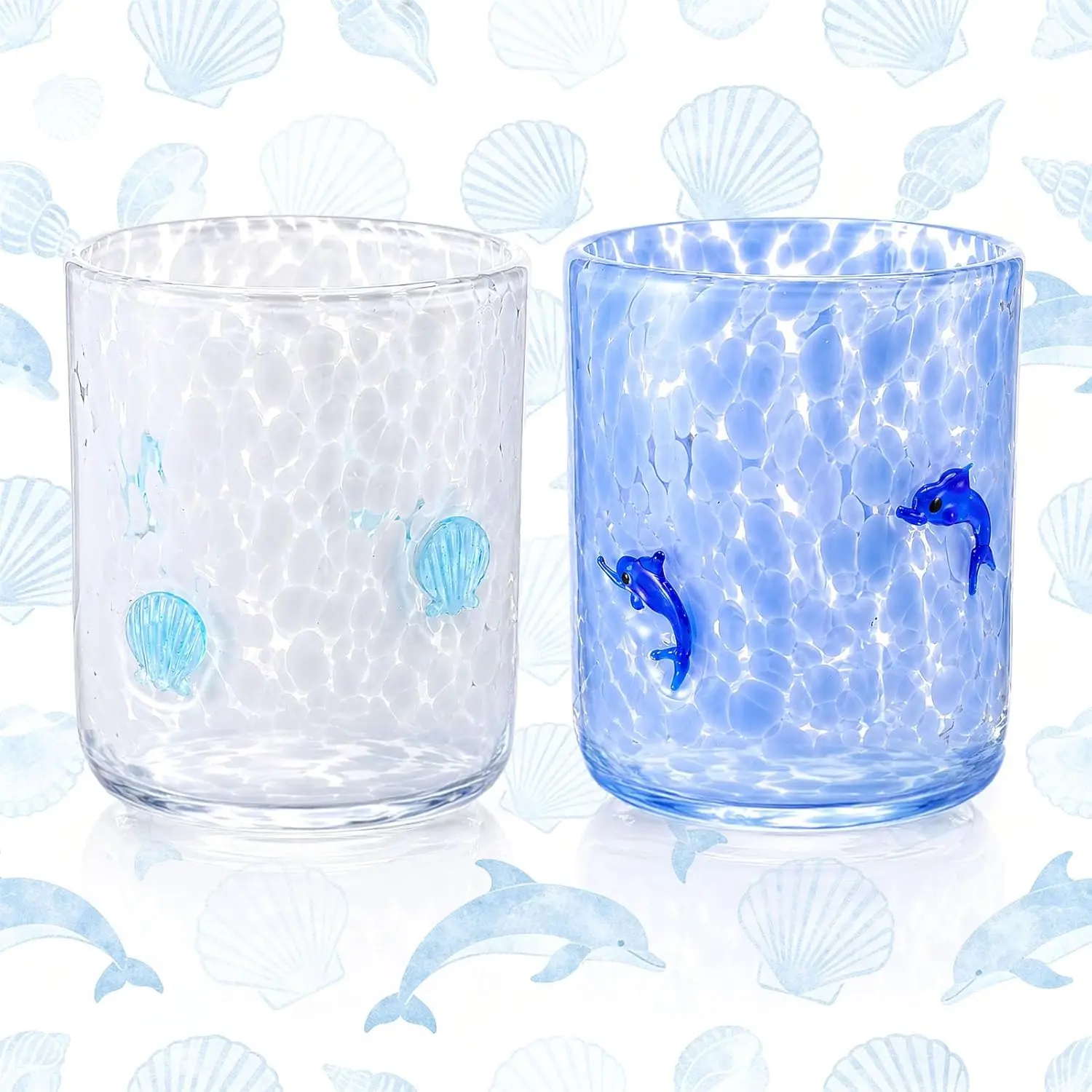 2-Piece Decorative Ocean Icon Juice Glass Set, 14 oz Reusable Stemless Cups with Dolphin & Seashell Designs for Birthday, Wedding Party Supplies & Gifts, Decorative Glasses Glasses