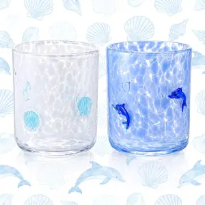 2 Pcs Ocean Icon Juice Glass 14 oz Dolphin Seashell Reusable Stemless Icon Drinking Glasses Cups for Birthday Wedding Party Supplies Gift