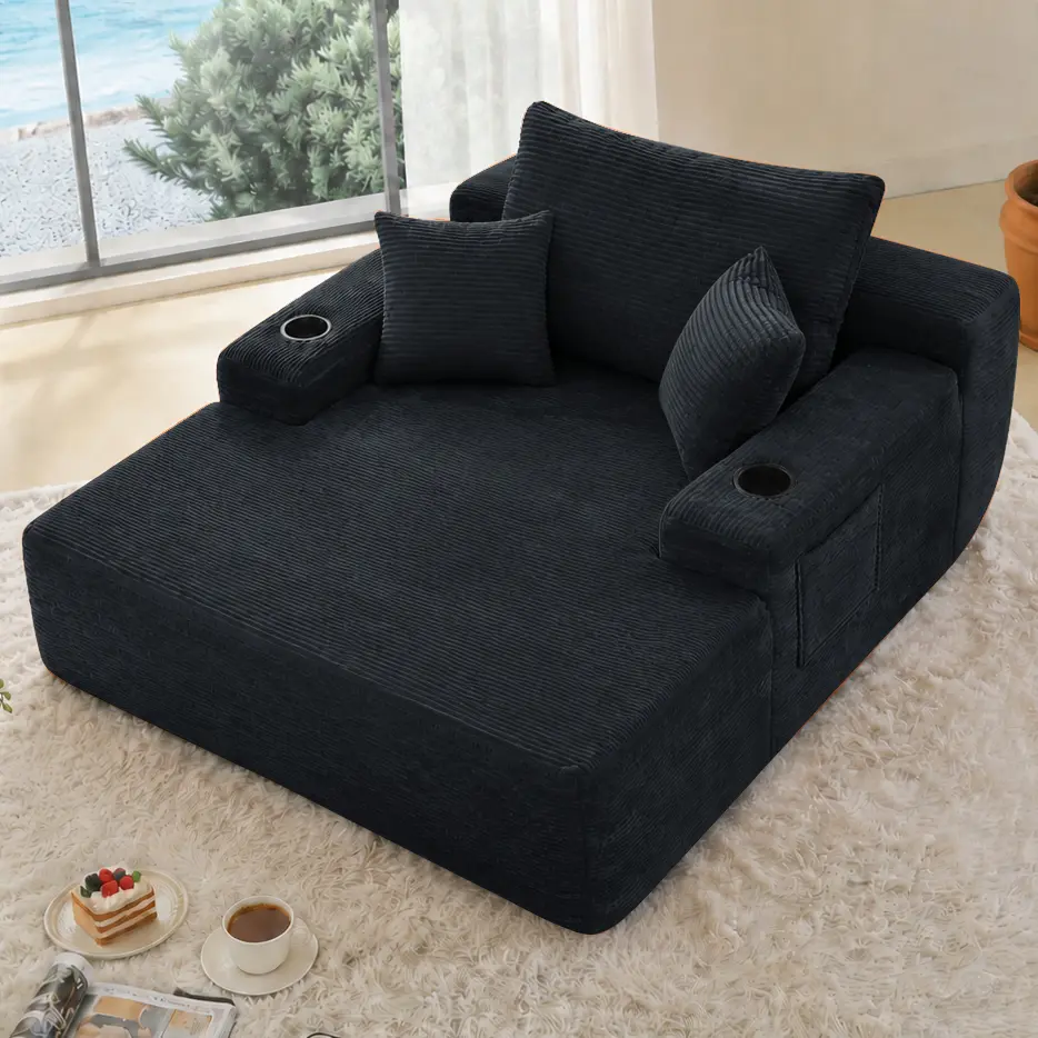 Oversized Chaise Lounge Chair Indoor Boneless Reading Chair Plush Corduroy Recliner with Cup Holders Large Deep Seat Comfy Sofa Bed Couch with 3 Pillows for Living Room Bedroom, No Assembly Required,Grey