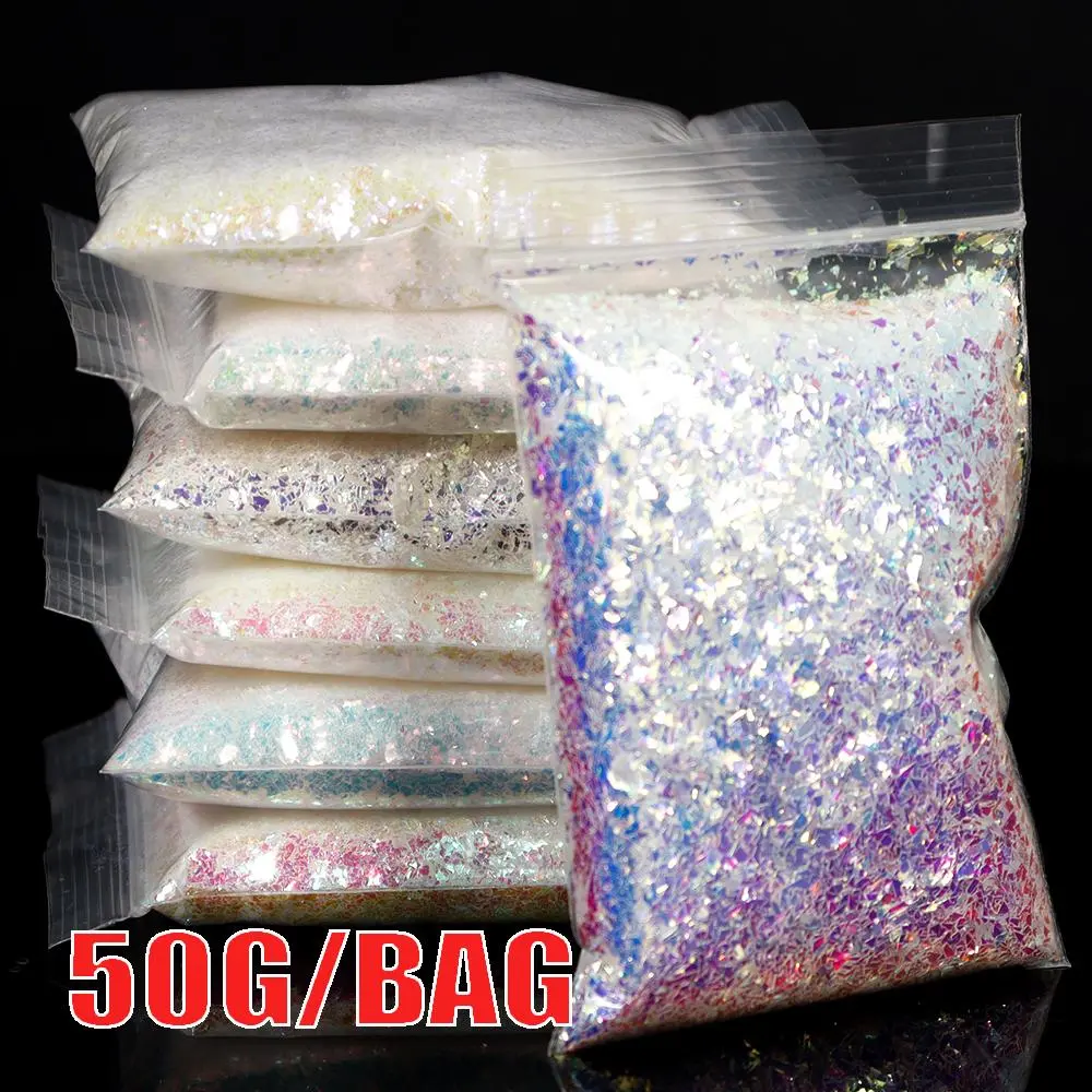 50g/bag White Iridescent Nail Glitter Sequins Transparent Irregular Aurora Paillette 3D S Flakes For Manicure Decoration &*&