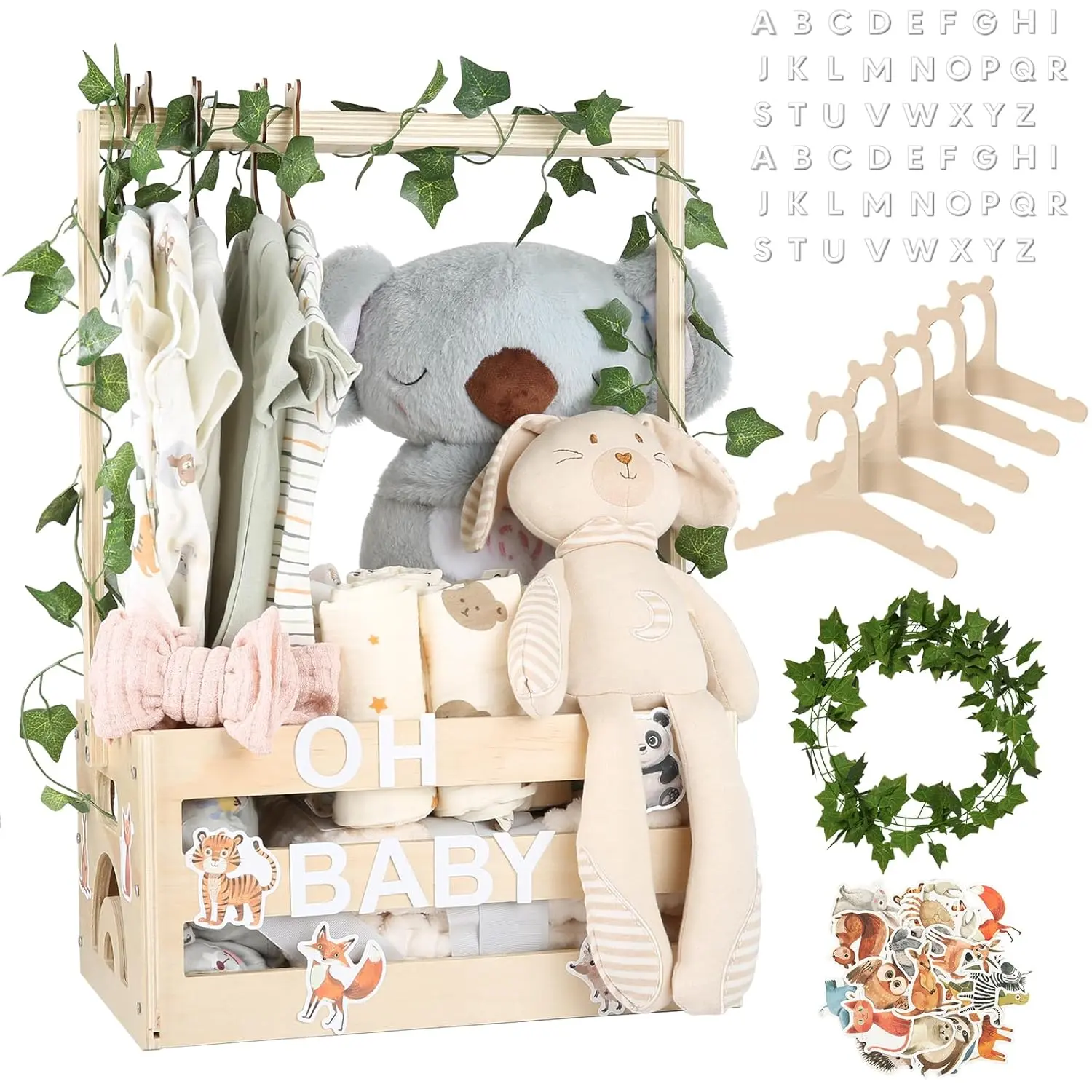 Wooden Baby Shower Storage Crate with Handle - Small (13.5*9*6.7in), Smooth Finish, Vine-Decorated Cute Basket for Newborn Clothes, Decoration, Storage for Organizing, Baby Shower Gifts for New Parents
