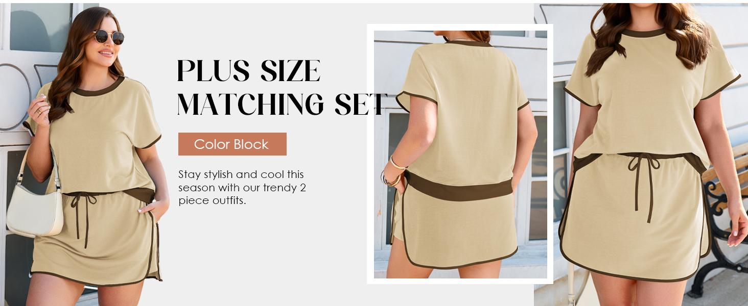TANKANEO Womens Plus Size 2 Piece Shorts Set Summer Short Sleeve Color Block Shirts and Skort Casual Matching Sets