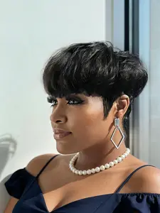 Pixie Cut wigs Human Hair Wig None Lace Front Wig with Bangs Natural Black Straight short Layered for daily use 1B Human Hair Quality Bangs Feature