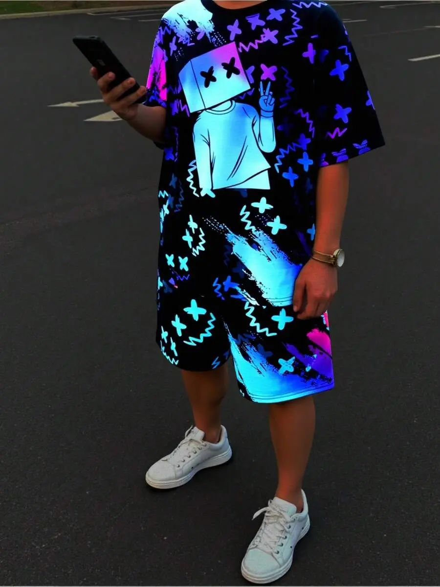 2pcs Tween Boy Black Casual Summer Streetwear City Break Outfit Set, Vision Fluorescent Cartoon Round Neck Short Sleeve T-Shirt And Shorts Set