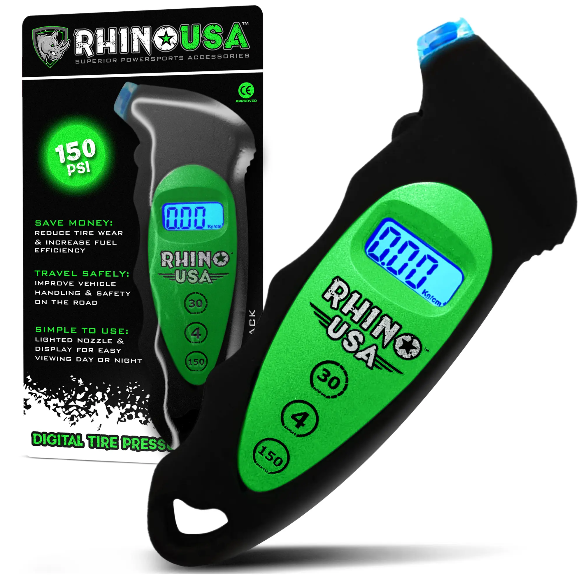 Rhino USA Digital Tire Pressure Gauge 150 PSI, 4 Ranges, Ergonomic Design w/Lighted Nozzle & LCD Backlit Display - Certified Accurate Readings