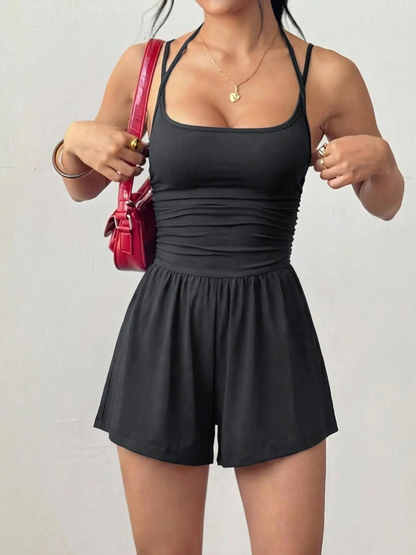 Women's Solid Romper with a Shirred Bodice and Spaghetti Straps, a Feminine Above the Knee Piece for Casual Day Wear