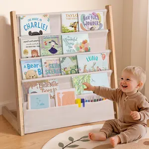 COMOMY Kids Bookshelf, 4 Tier Wooden Kids Bookcase, Canvas Bookshelf for Kids for Playroom, Bedroom, Beige