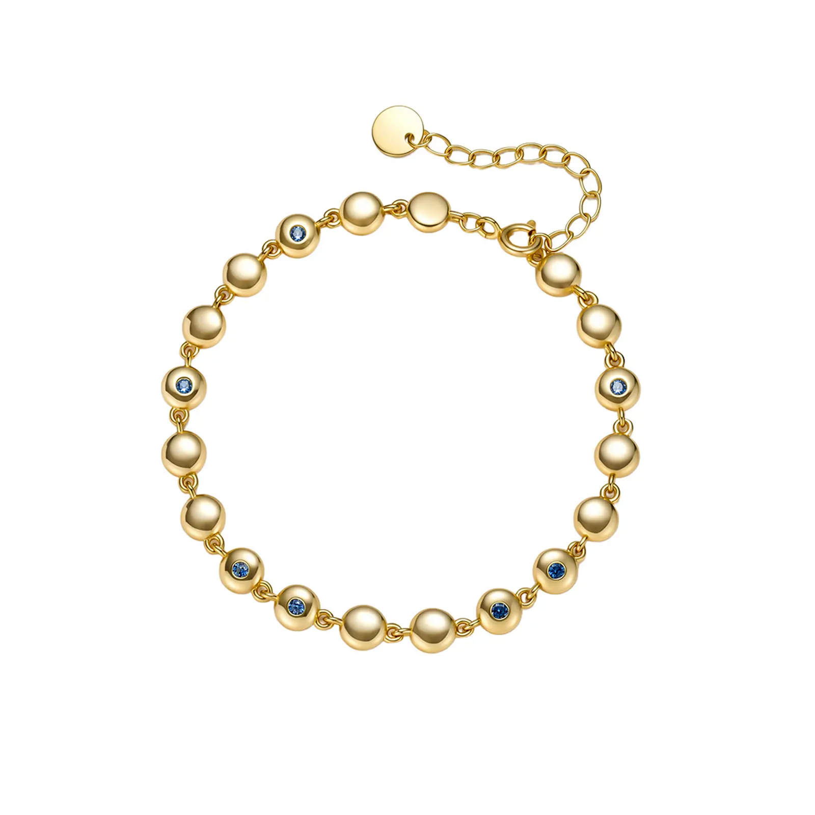 Aurem 14K Gold Plated Beaded Station Bracelet for Women, Smooth Ball Chain with Blue Spinel, French Vintage Adjustable Wrist Statement Jewelry