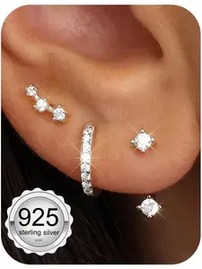 Post Earrings for Women Trendy 3 Pairs Silver Hypoallergenic Stud Hoop Cartilage Earrings Set Small Stacks Cute Studs Huggie Earring Dainty for Sensitive Ears Non Tarnish Stud Earring Jewelry