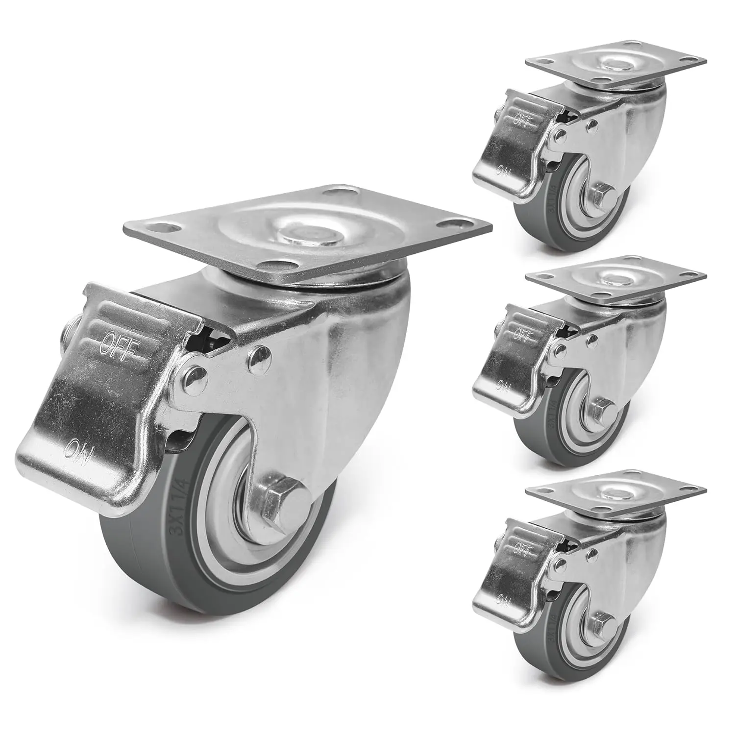 3 Inch Plastic-Synthetic Caster Wheels (Set of 4) - Heavy Duty, 1.25 in Width Silent Plate Casters with 4-1/8 in Height, Non-Marking Tread, 1200 lbs Load Capacity, 2 Swivel & 2 Rigid for Cart, Furniture, 4-1/8 Inch Height