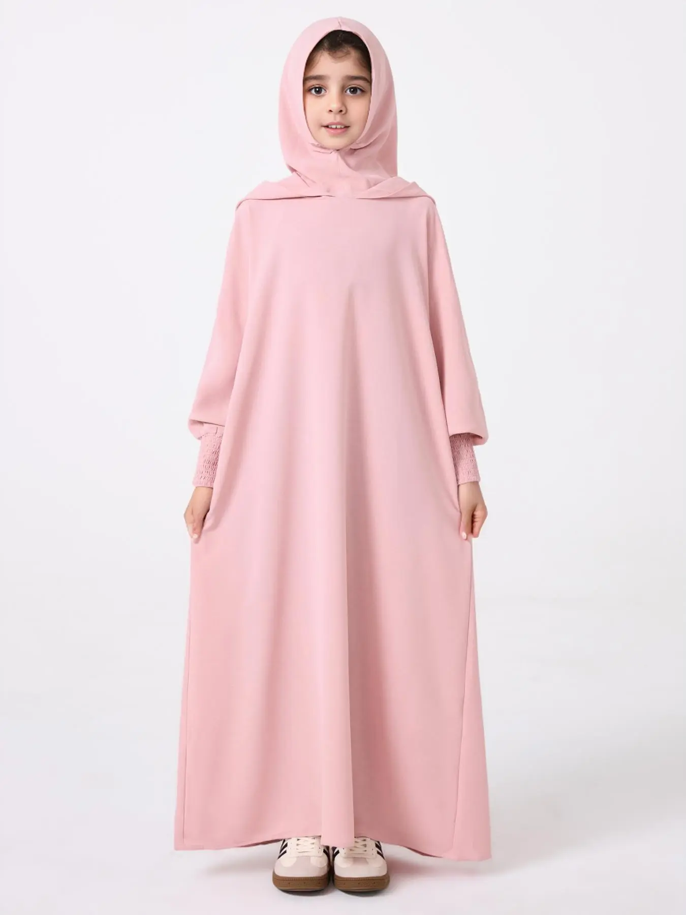 Girl's Solid Hooded Dress, Modest Muslim Long Sleeve Dress for Party Holiday, Kids Girls Clothing, Kids Clothes for All Seasons