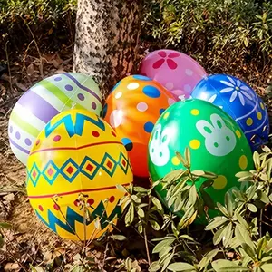 Five-piece colorful inflatable Easter egg decorations featuring polka dots, stripes and rabbit patterns. Perfect for hanging on outdoor patios, lawns, gardens and party decorations. Comes with an inflatable pump.