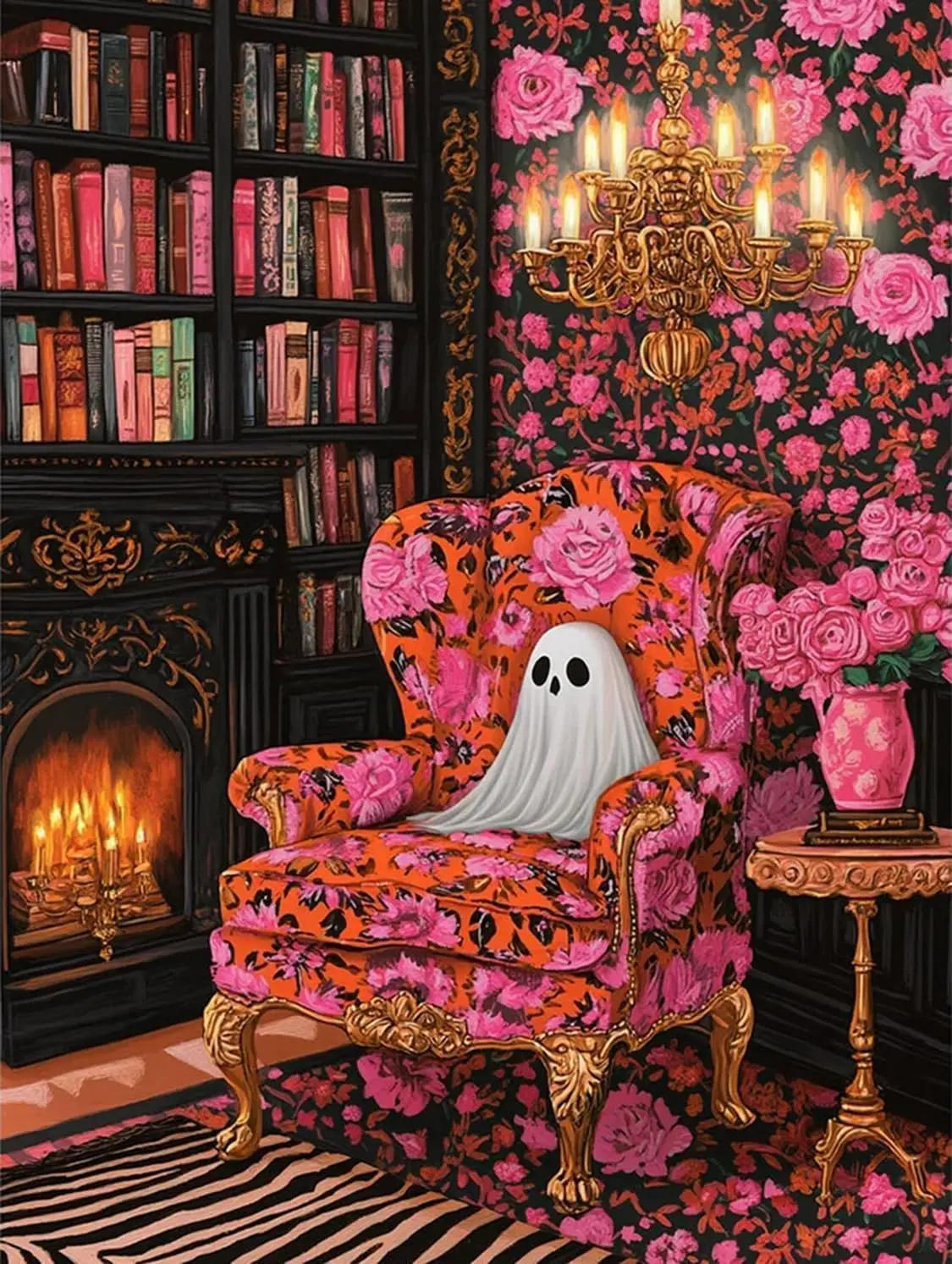 5D Diamond Painting Kit Cute Ghost On Floral Vintage Armchair Pink Rose Wallpaper Fireplace Bookshelf Cozy Gothic Halloween Crystal Rhinestone Wall Art Decor Gift
