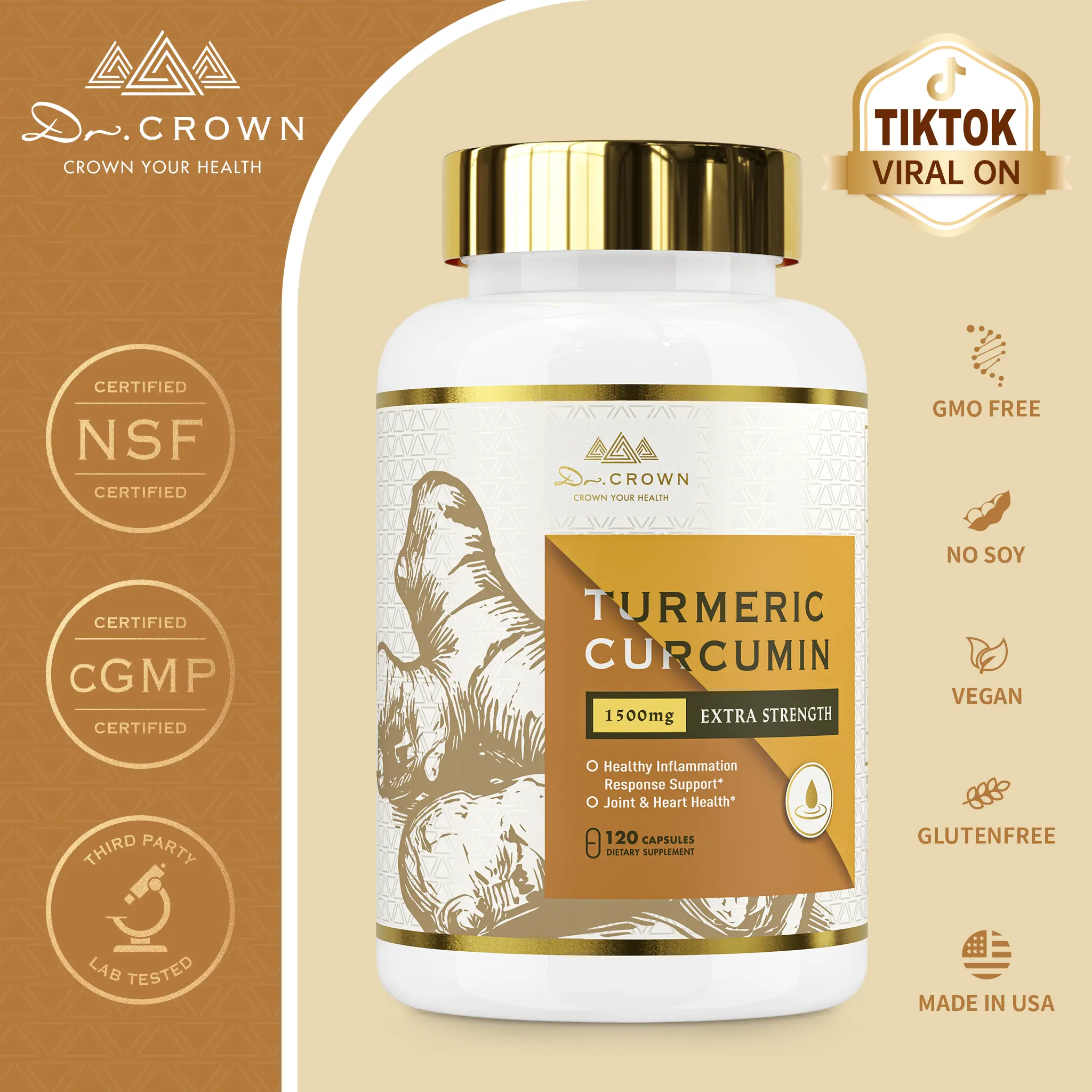 Dr. CROWN Turmeric Curcumin Supplement for Total Wellness with 95% Curcuminoids, Black Pepper & MCT Oil - 120 Capsules