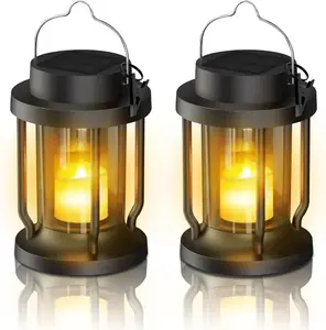 FriutShine Solar Lantern Outdoor Indoor Use – Hanging Solar Lights with Realistic Flickering Flameless Candle, Weatherproof for Garden Decor, Patios, Trees, and Lawns, Black, 2 Pack