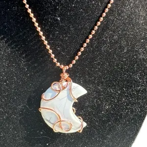 Handmade Crescent Howlite Moon Necklace with Copper Wire Wrap – Calming Crystal Jewelry for Balance and Stress Relief