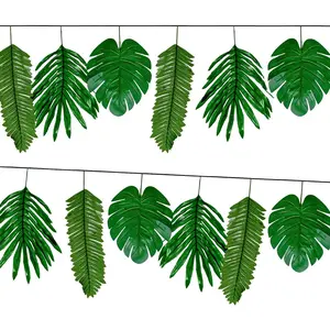 Hawaiian Summer Garland Monstera Leaf Banner, Monstera Leaf Garland Banner with 3 Types of Artificial Palm Leaves, Tropical Palm Leaves Party Banners Decorations for Jungle Theme  Shower