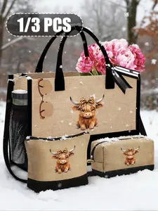 Highland Cow Three-Piece Tote Bag, Highland Cow Pattern with Bow, Fashionable Bag, Small Wallet,Large Capacity Handbag, Multi-function Shoulder Bag, Handbag, Fashionable Travel Storage Bag, Toilet Bag, Gifts for Fashion Enthusiasts, Family, Friends