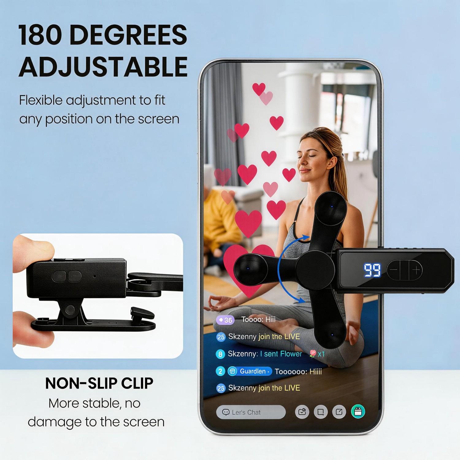 Compatible with iPhone, iPad, and Android devices, the TikTok Smartphone Clicker is a rechargeable, automatic clicking device with adjustable speed, designed specifically for live-stream liking and social media tasks.