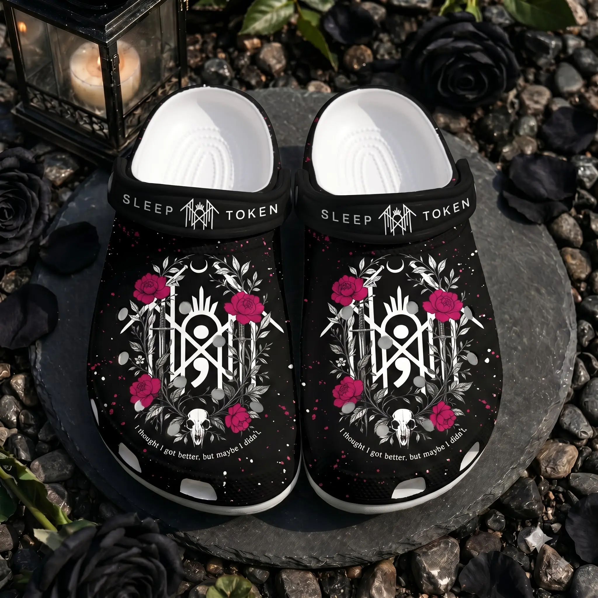 Sleep Token Lyrics Band Clogs Shoes, Monochrome Fantasy Graphic Clogs, Gothic Occult Casual Footwear, Lightweight Comfortable Slip-On Shoes