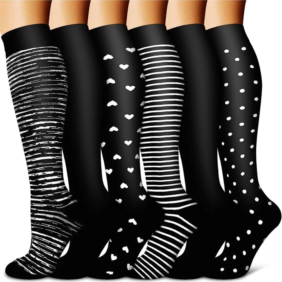 Knee-high Sports Socks, 6 Pairs Running and Fitness Skating Socks for Men and Women, Stylish Designs, Comfortable and Durable, Unisex, Suitable for Va