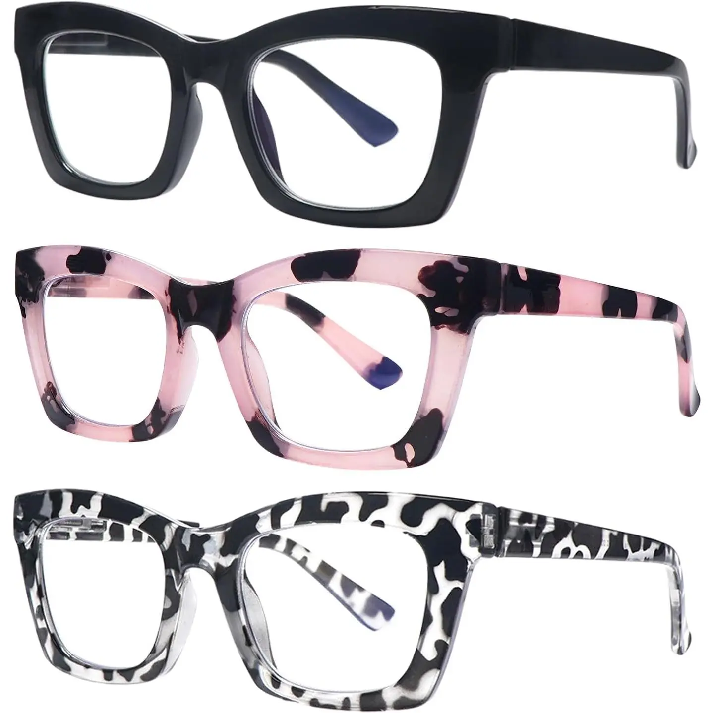 Women's Eyeglass Frames, 6 Pack Oprah Style Square Plastic Reading Glasses with Blue Light Blocking Lens and Spring Hinges, 48mm, Reading Eyeglasses, Daily Use, Female, 6 Mix, Multi Pack
