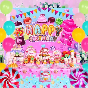 Candyland Party Decorations 206 Pcs with Candy Balloons Lollipop Backdrop Tablecloth Birthday Banner Cake Toppers Plates Napkins Waterproof Sweet Design for Kids Birthday Parties Gifts