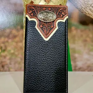 Praying Cowboy Western Genuine Leather Wallet Handtooled Bi-Fold 7 Inches Long with 13 Credit Card Slots, 4 Cash Compartments & Back Pocket brown and black