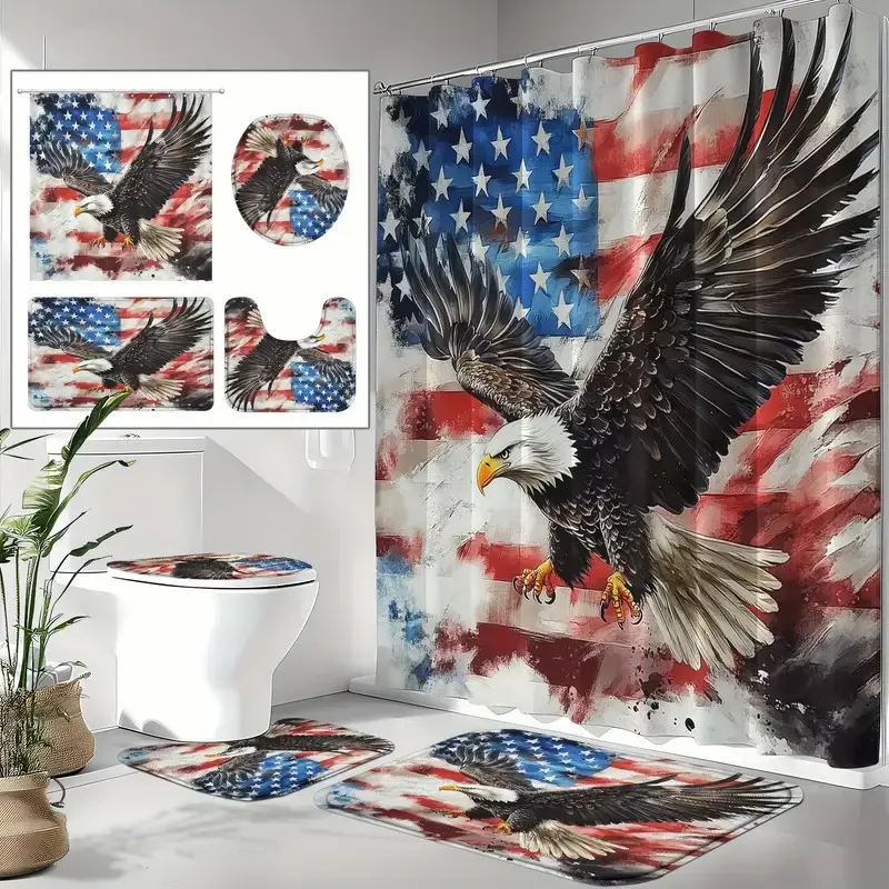 4 pcs American flag and eagle, exquisite shower curtain set, non-slip floor mat, U-shaped carpet, toilet lid cover, perfect for bathroom decoration, partition, beautify the space, 12 shower curtain hooks are given, Bathroom Decoration Accessories