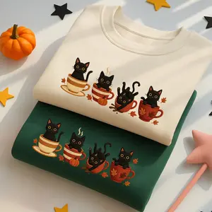 Embroidered Halloween Black Cat Sweatshirt, Pumpkin Fall Sweater, Halloween Crewneck, Cute Autumn Spooky Season, Cat Lover Gift, Coffee Lovers