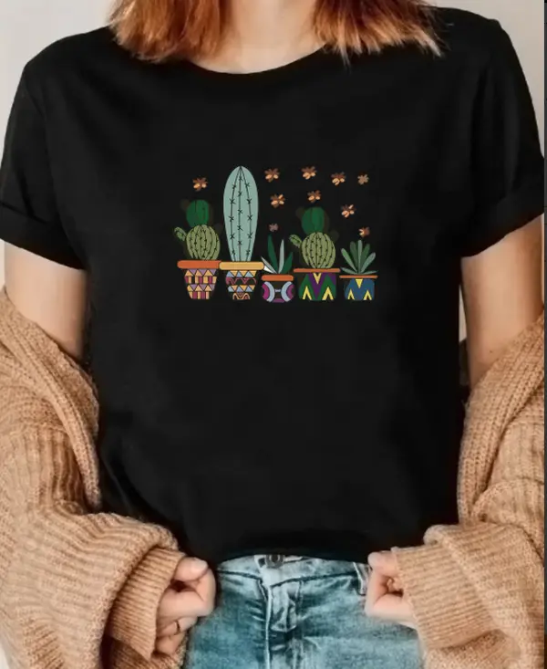 A Cute Cactus Print T-shirt for Summer, a Casual Short-sleeved Top for Spring and Summer Sports, Women's Clothing#SohoChic