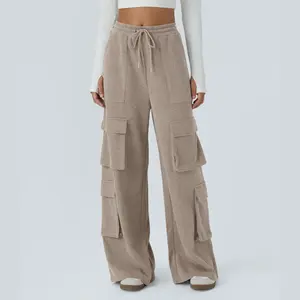 Halara Ribbed Mid Rise Drawstring Multiple Pockets Wide Leg Cargo Casual Pants Personalized Fit Style Adjustable Comfortable Elastic Waistband