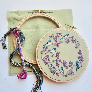 Birds & Blooms hand embroidery kit with online video tutorial, diy modern fiber craft project, lazuli buntings and spring flowers design
