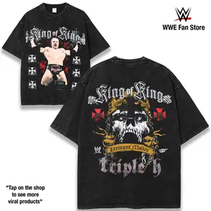 Men’s Complex x WWE Black Triple H Hardcore Boxy Graphic Tee 230gsm Premium Cotton Shirt Wash Vintage Wrestling Design Featuring The Game’s Ruthless Aggression Era Cerebral Assassin Legacy Legendary Championship Reigns DX Rebellion and King Of Kings