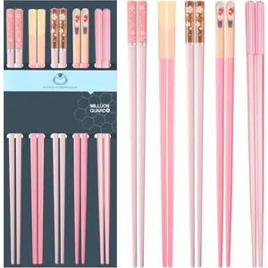 Pink Chopsticks Reusable Dishwasher Safe, 9.57 inches Premium Non-slip Lightweight Fiberglass Chop Sticks, Japanese Chinese Chopstick Gift Set for Party, 5 Pairs Cutlery Tableware