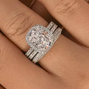 Effinny 4.0ct Halo Cushion Cut 3PC Wedding Set In Sterling Silver, 5A Cubic Zirconia Promise Ring for Wedding, Party, Daily