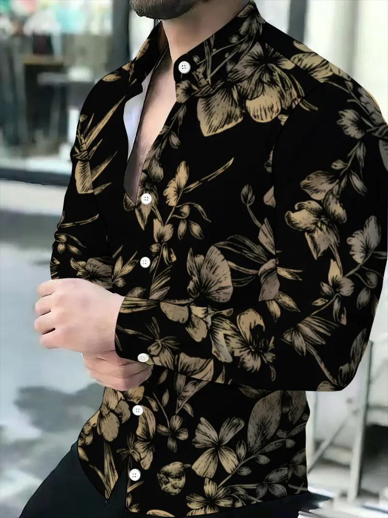 black and gold floral dress shirt Black Gold Baroque Long Sleeve Men Button Up Shirt, Vintage Retro Prin –  Starcove Fashion main image 1