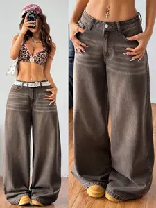 Nvfelix American Vintage Wide Leg Jeans Low Waist Loose Fit Washed Denim, Casual Fashion Women for Daily Wear and Outdoor Activities Pants