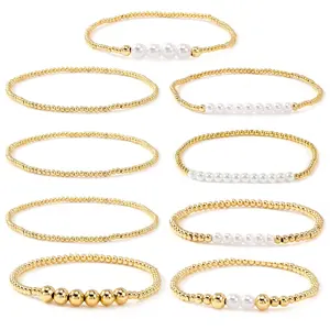 17KM Gold Bracelet for Women Waterproof, Beaded Strand Bead Ball Bracelet stack Adjustable for Gifts Women's Gold Tone and Faux Pearl Beaded Bracelet Set, Stackable Stretch Bracelets for Gifts bangle