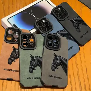 Multicolor matte faux leather phone case with 'Make it Happen' text and horse pattern, a perfect gift for your boyfriend/girlfriend or family, compatible with iPhone 17, 16, 15, 14, 13, 12, 11, X, XS, and XSMAX series.